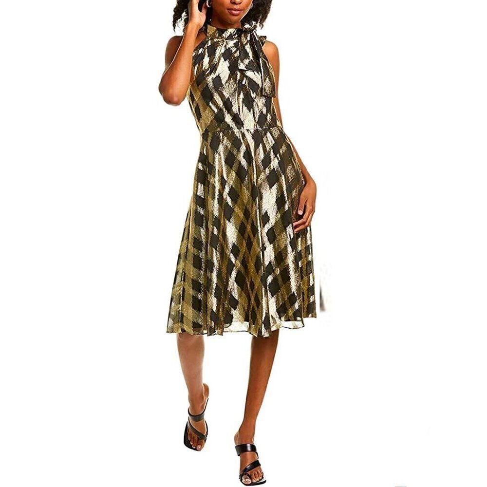 Maggy London Size 4 Metallic Gold Black Plaid Cross Over Halter Dress Fit Flare - Picture 2 of 13